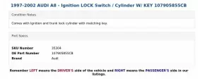 107905855CB AUDI Ignition Lock Switch Cylinder Key A8 #3