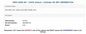 4B5898375A AUDI Lock Switch Cylinder Key A6 #3