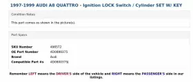 4D0898375 AUDI Ignition Lock Switch Cylinder Set Key A8 #3