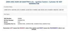 4D0898375B AUDI Ignition Switch Cylinder Key A8 Quattro #3