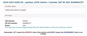 83A898375T AUDI Ignition Lock Switch Cylinder Set Key Q3 #3