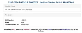 4A0905849 AUDI Ignition Starter Switch Porsche Boxster #3