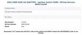 8E0971824P AUDI Ignition Switch Wiring Wire Harness A4 #3