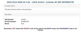 8F0898374F AUDI Lock Switch Cylinder Key S5 #3