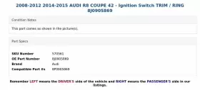 8J0905869 AUDI Ignition Switch Ring R8 #3