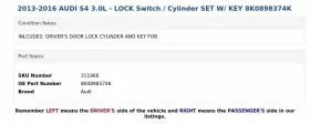 8K0898374K AUDI Lock Switch Cylinder Set Key S4 #3