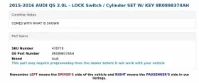 8R0898374AH AUDI Lock Switch Cylinder Set Key Q5 #3