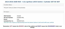 8T0898374BJ AUDI Ignition Lock Switch Cylinder Set Key #3