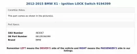 66129194399 BMW Ignition Lock Switch X1 #3