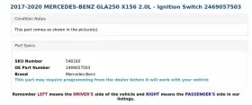 2469057503 MERCEDES Ignition Switch GLA250 #3