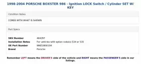 99653800104 PORSCHE Ignition Lock Switch Cylinder Set Key #3