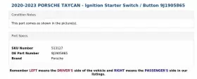 9J1905865 PORSCHE Taycan Ignition Starter Switch #3