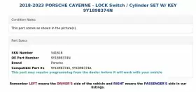 9Y1898374N PORSCHE Lock Switch Cylinder Set Key Cayenne #3