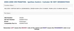 3D5800375GS VOLKSWAGEN Phaeton Ignition Switch Cylinder Key #3