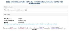 3G8800375BP VOLKSWAGEN Lock Switch Cylinder Set Key Vw Arteon #3