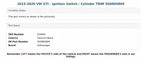 5G0905869 VOLKSWAGEN Ignition Switch Cylinder Gti Vw #3 5G0905869 VOLKSWAGEN Ignition Switch Cylinder Gti Vw #3