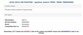 7B0905869 VOLKSWAGEN Ignition Switch Ring Vw Routan #3